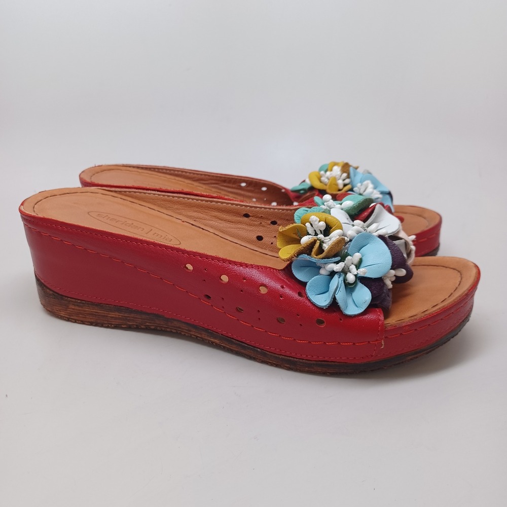 Sheridan Mia Red Leather Floral Wedge Sandals Womens Slides Multi Color Flowers - Picture 13 of 13